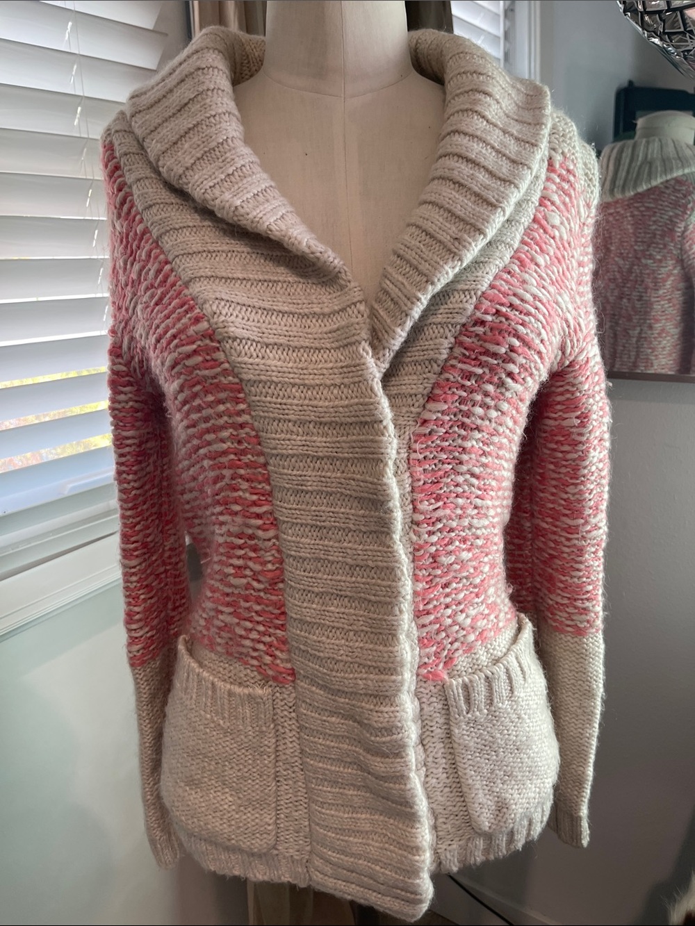 Chunky Shawl Collar Women's Sweater Cardigan - Bubblegum Pink & Cream